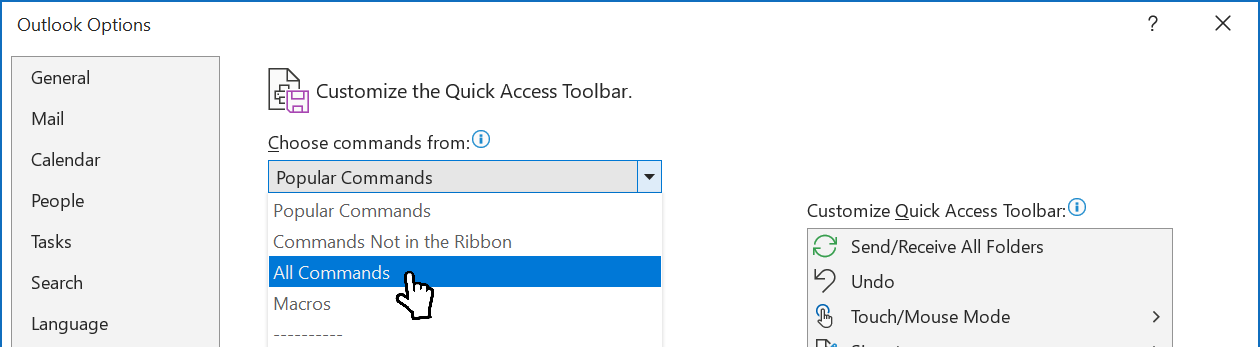Screenshot: Quick Access Toolbar > Popular Commands > All Commands